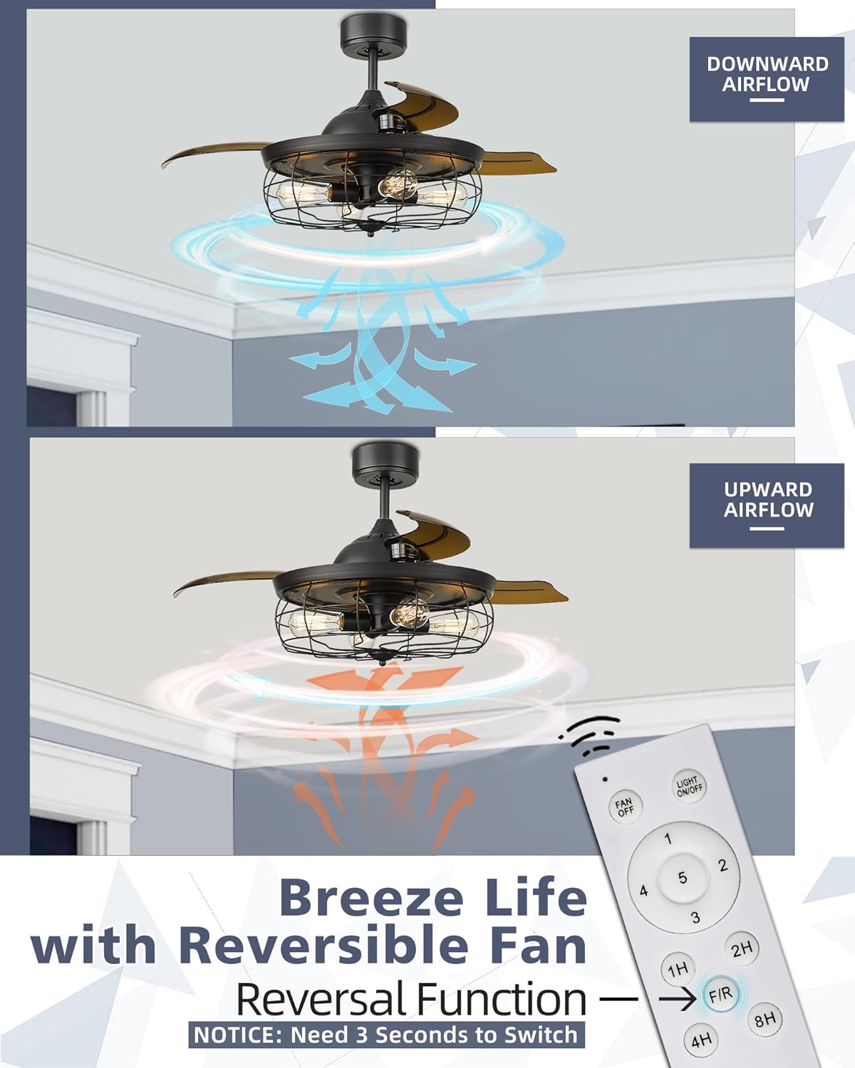 Retractable Ceiling Fan with Light and 3 Reversible Blades W256