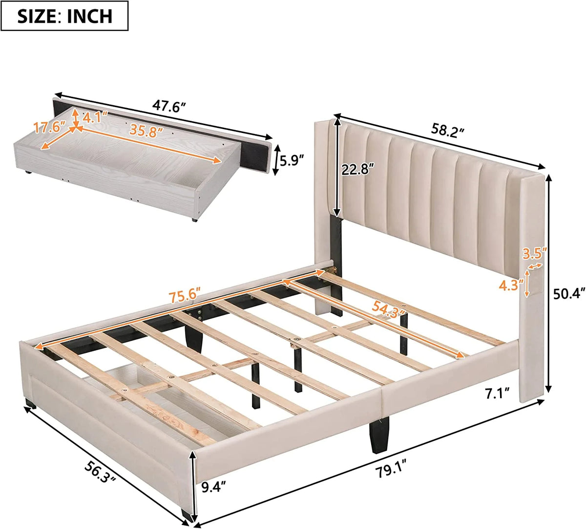 Full Size Upholstered Platform Bed Frame with Storage Drawer F9629