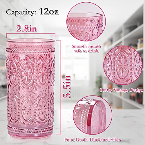 6 Pack Pink 12oz Highball Embossed Beverage Glass Cup L53404