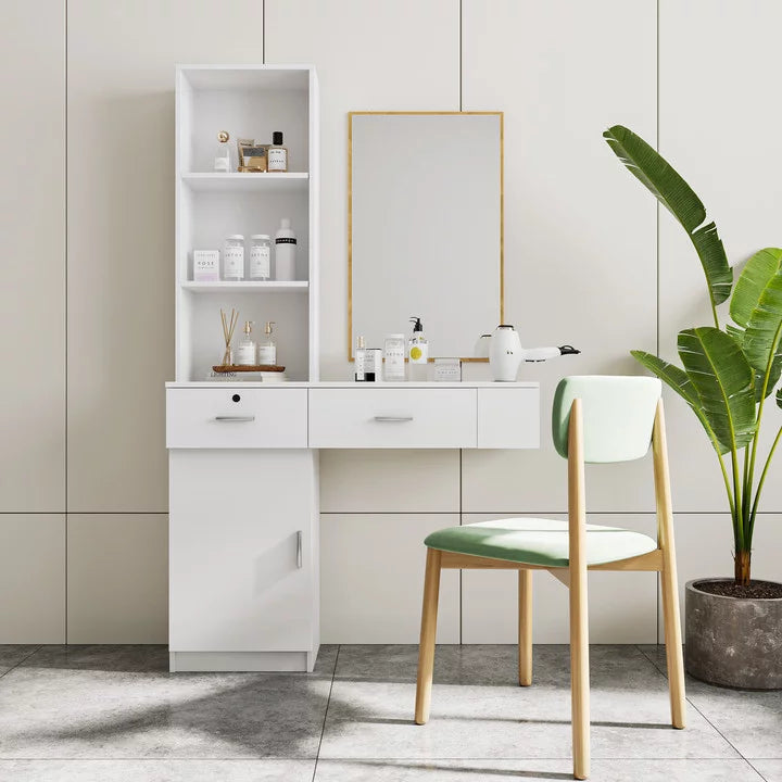 White Wall Mount Salon Station with 3 Tier Shelf and Drawers S948000