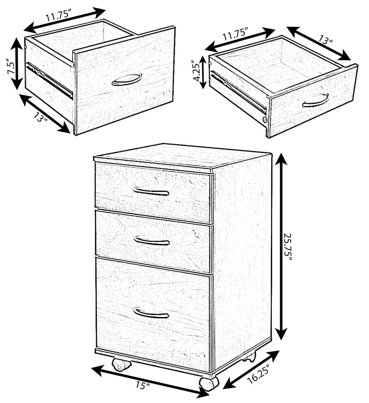 Cherry 3 Drawer File Cabinet with Rolling Casters N2805