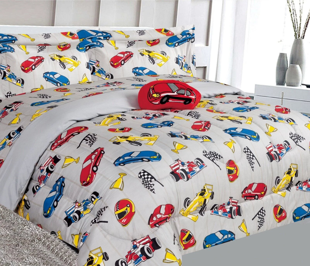Full Size 8pc Red Race Cars Comforter and Sheet Set C728