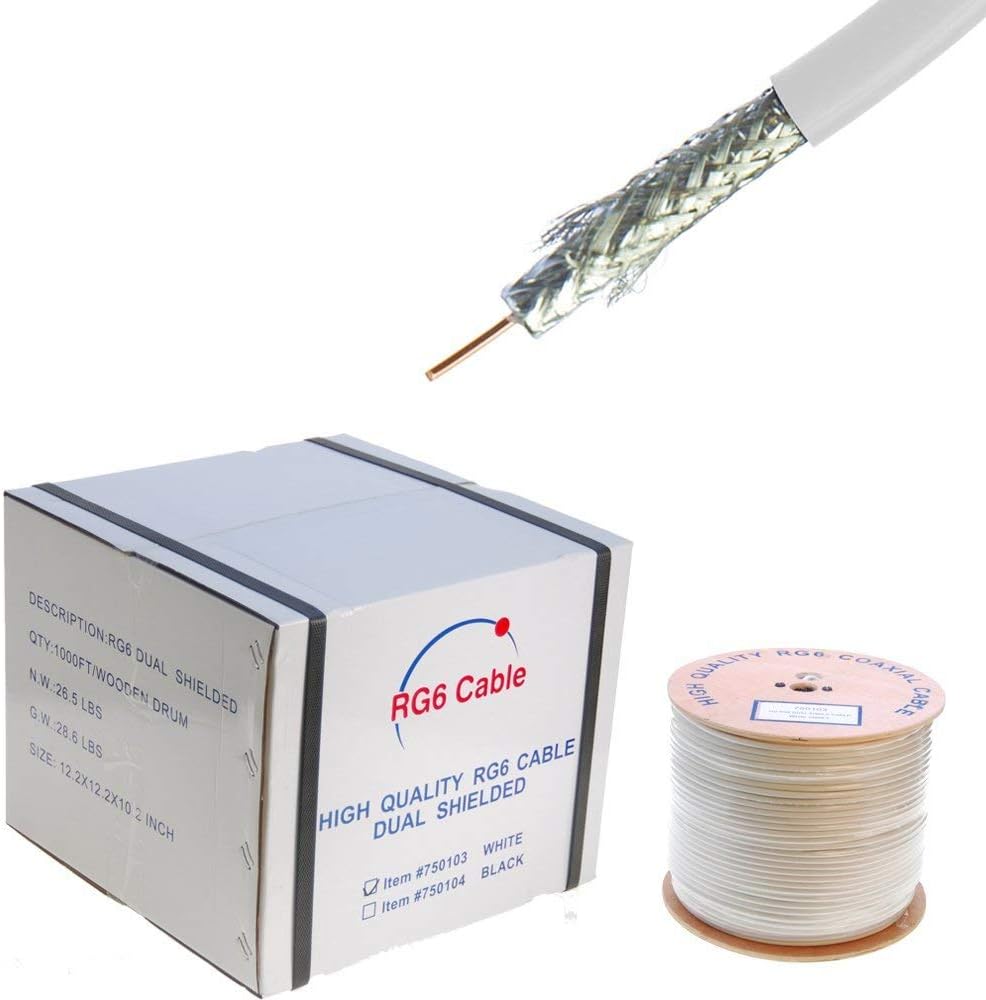 RG6 500ft Dual Shield Coaxial Cable, 18 AWG Copper Clad Steel Conductor, Foam PE Core, 60% Aluminum Braid, PVC Jacket T740