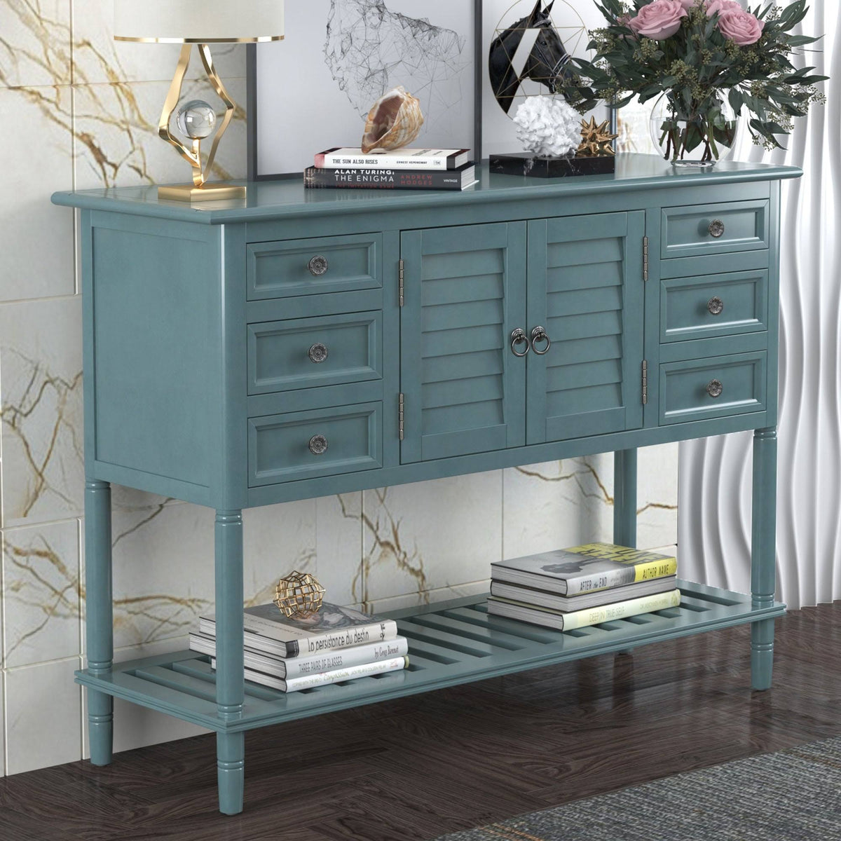 Green Wood Console Table with 6 Drawer and 1 Cabinet and 1 Shelf S390