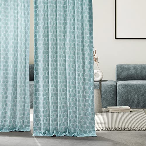 Geometric Printed Cotton Curtains 84 Inches Long (1 Panel) 50W x 84L Honeycomb Aqua T519