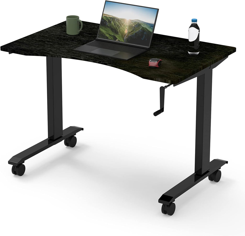 Crank Adjustable Height Rolling Standing Desk, Curved Bamboo Top, 48" Wide N106