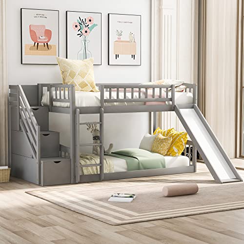 Twin Size Wood Loft Bed with Slide and Storage Shelves Q270053