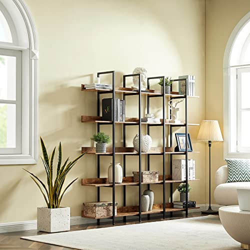 Black Triple Wide 5 Tiers Industrial Bookshelf with Metal Frame Y1466