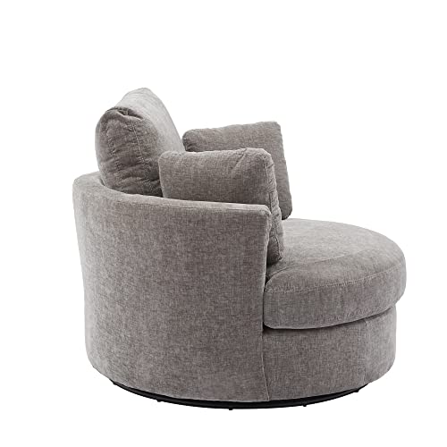 Beige Oversized Round Chenille Swivel Accent Barrel Chair with 3 Pillows W925