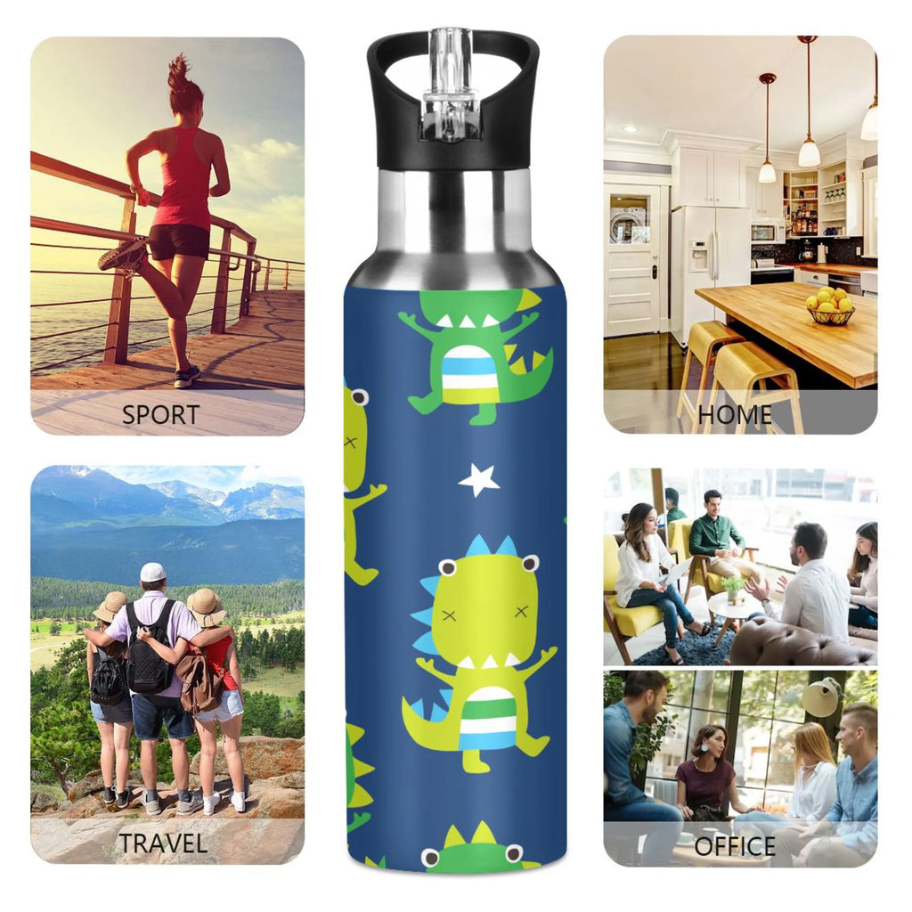 Green Dinosaur Blue Stainless Steel Insulated Water Bottle with Straw Lid V591