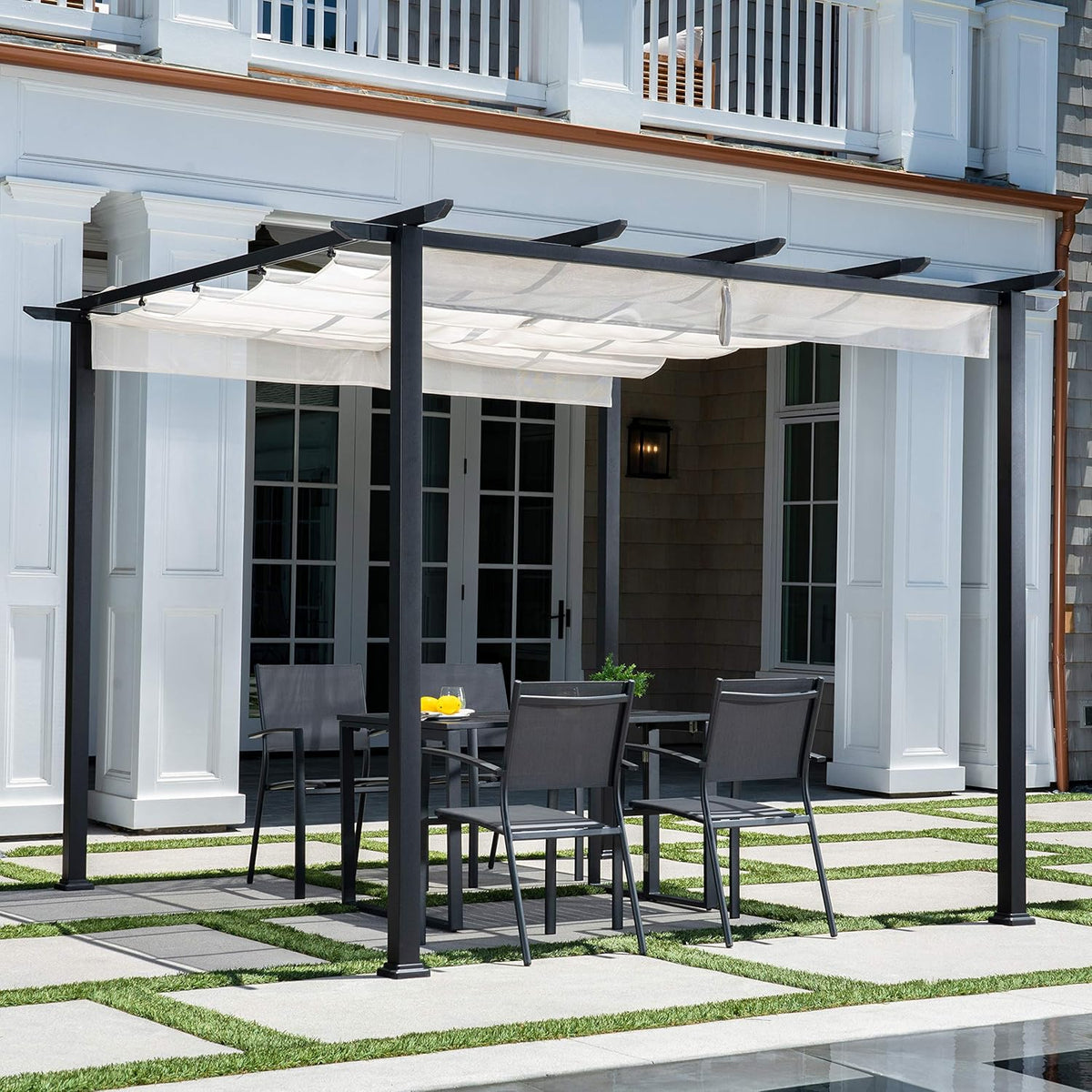 Aluminum and Steel Pergola with Adjustable Sling Canopy V56333