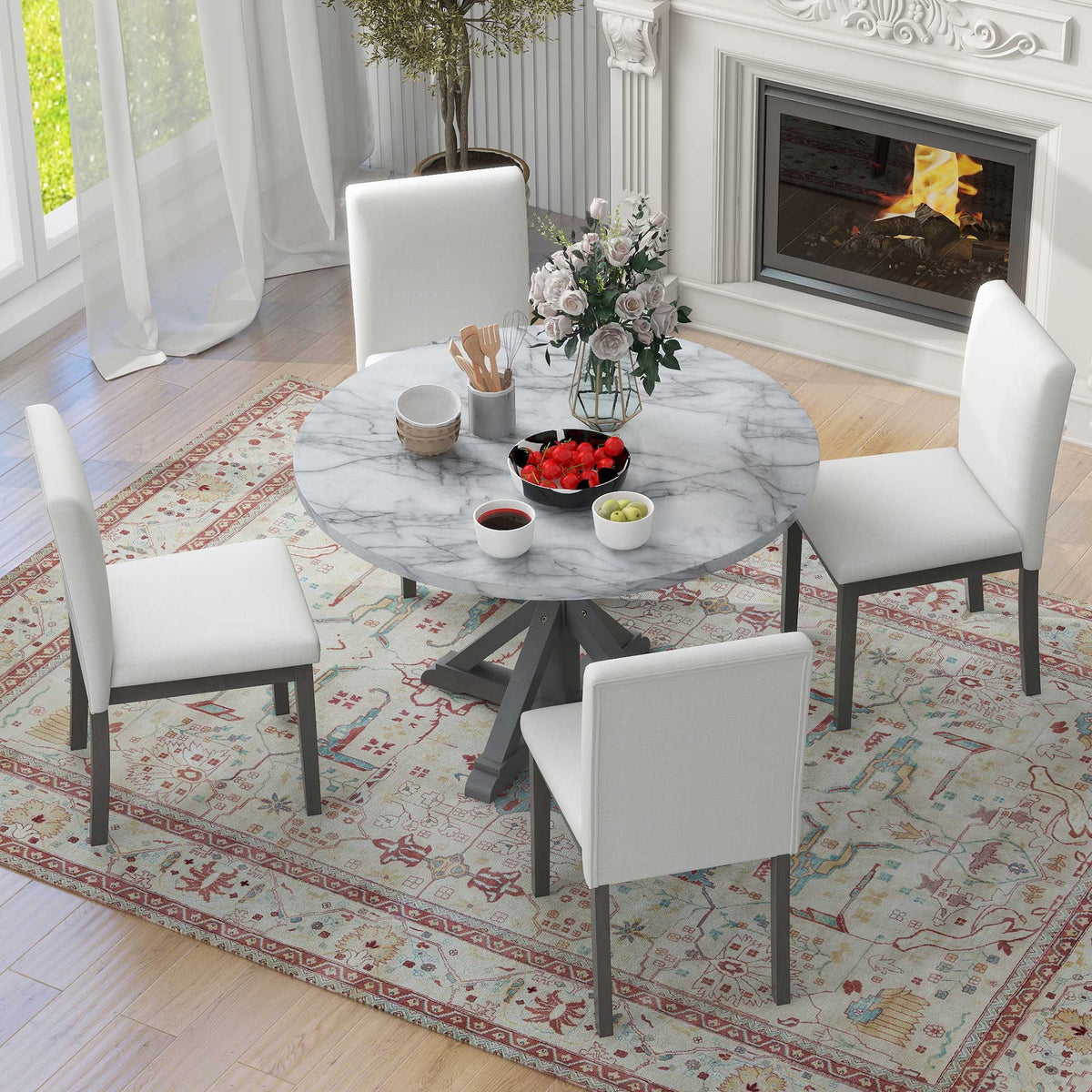 5 Piece Round Dining Table Set with Cushioned Chairs N659236