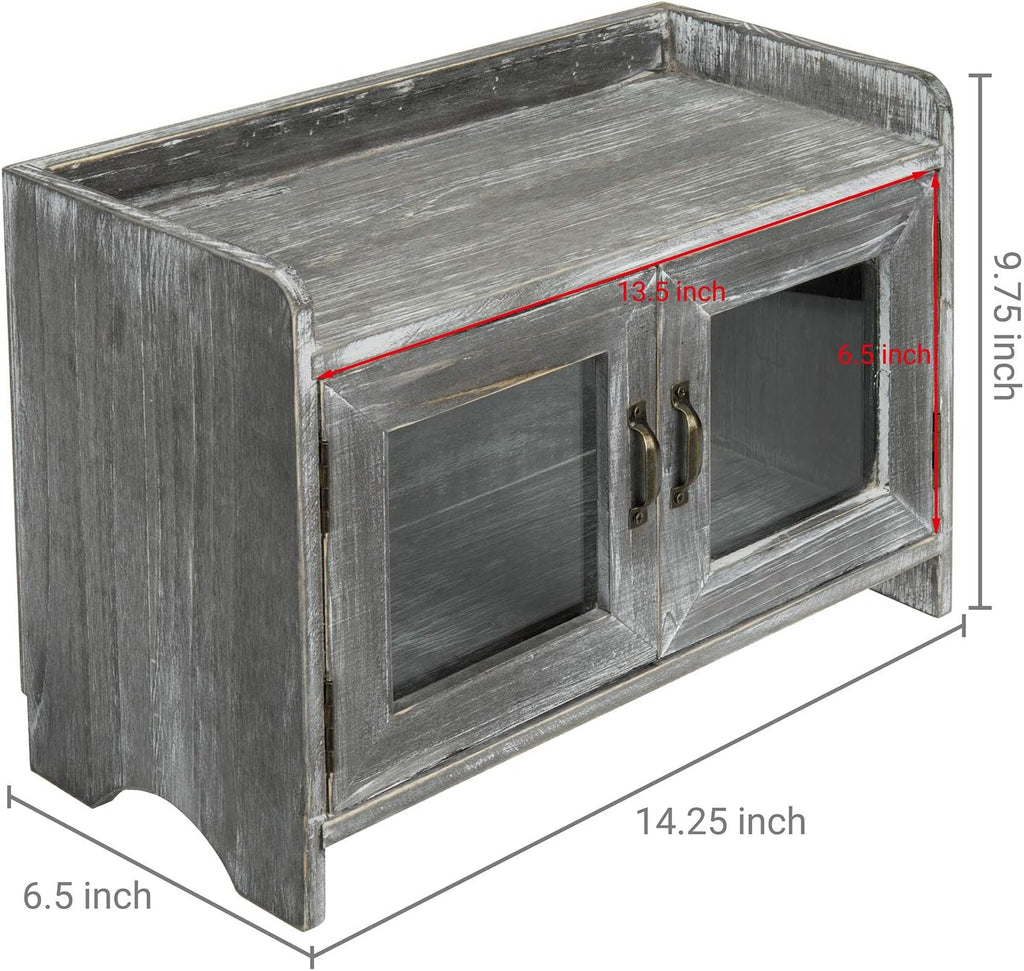 Rustic Gray Whitewashed Wood Counter Top Storage Cabinet with Glass Windows T94466