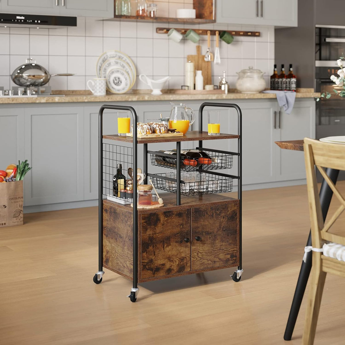 Rustic Brown Rolling Kitchen Cart with Cabinets and Open Shelf X537137
