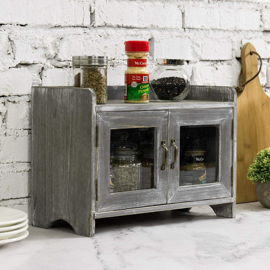 Rustic Gray Whitewashed Wood Counter Top Storage Cabinet with Glass Windows T94466