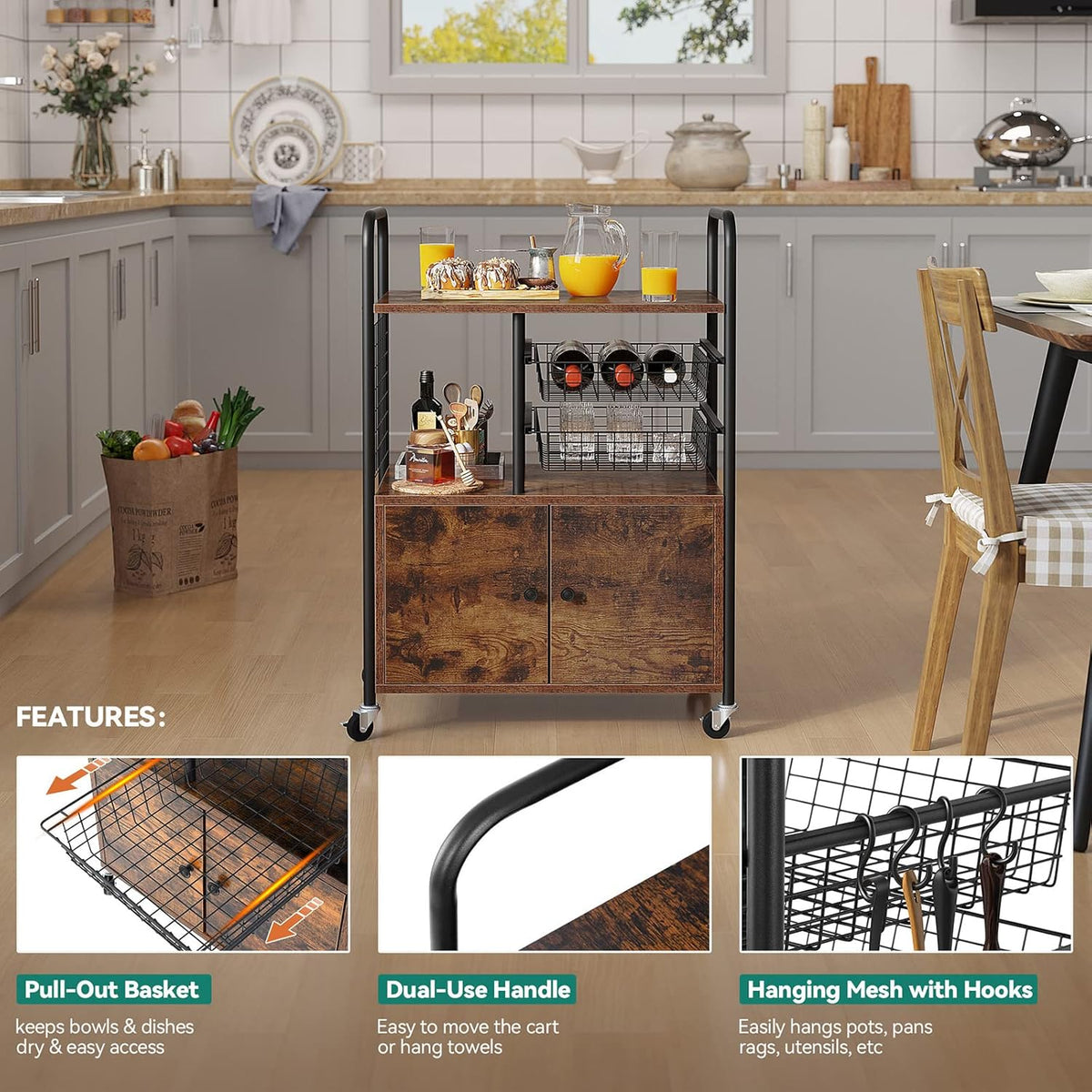 Rustic Brown Rolling Kitchen Cart with Cabinets and Open Shelf X537137