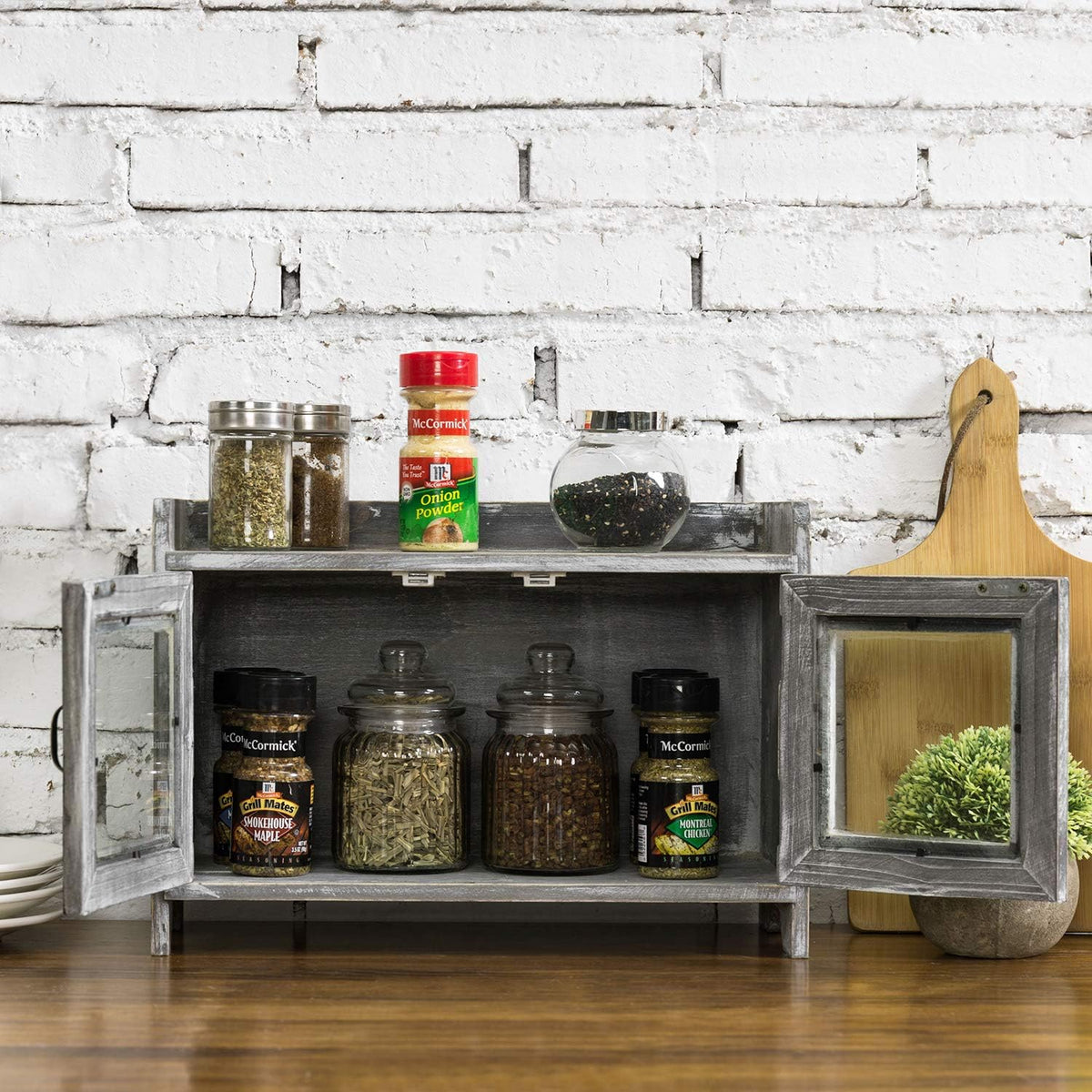 Rustic Gray Whitewashed Wood Counter Top Storage Cabinet with Glass Windows T94466