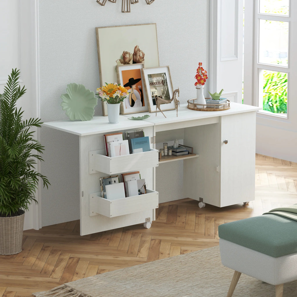 White 63 Inch Folding Sewing Machine Table with Storage Shelves I8977