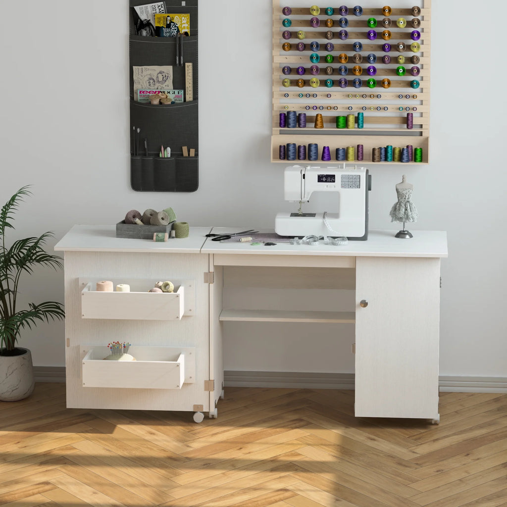 White 63 Inch Folding Sewing Machine Table with Storage Shelves I8977