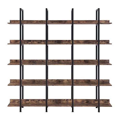 Black Triple Wide 5 Tiers Industrial Bookshelf with Metal Frame Y1466