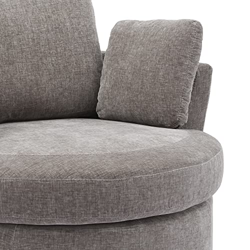 Beige Oversized Round Chenille Swivel Accent Barrel Chair with 3 Pillows W925