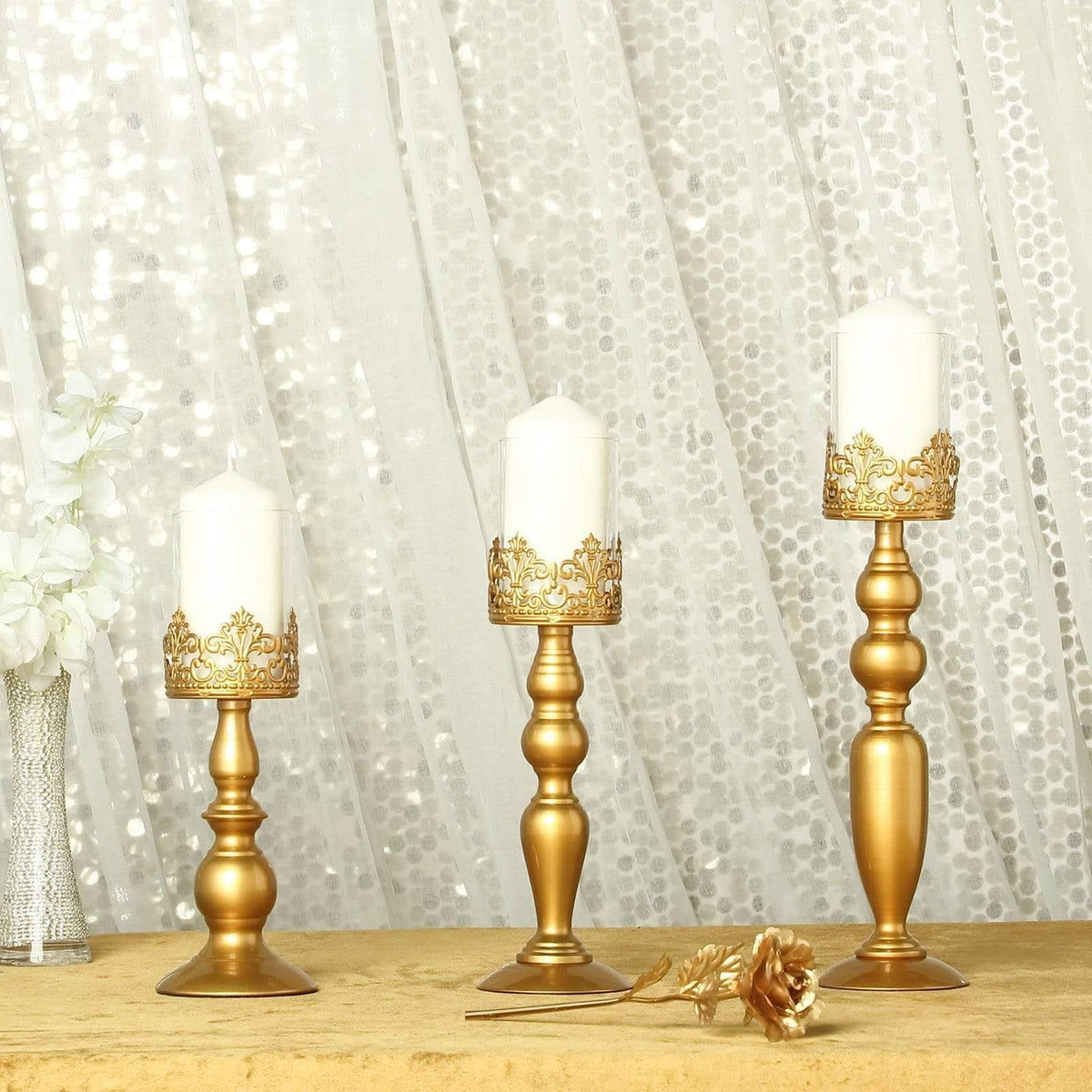 3 Gold Metal Glass Candle Holders T381