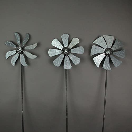 Set of 3 Galvanized Grey Wind Spinner Garden Stakes, 41 Inches High H62852