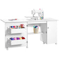 White 63 Inch Folding Sewing Machine Table with Storage Shelves I8977