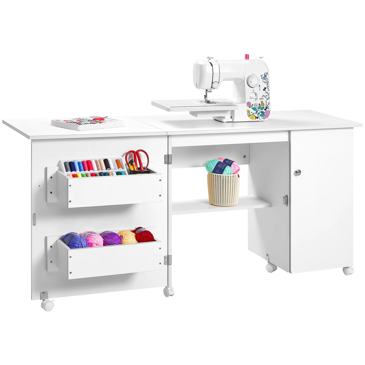 White 63 Inch Folding Sewing Machine Table with Storage Shelves I8977