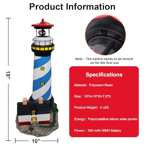 18" Solar Lighthouse with Rotating Beacon, Waterproof Outdoor Garden Decor (Black) X325