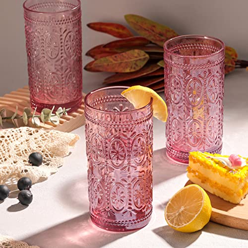 6 Pack Pink 12oz Highball Embossed Beverage Glass Cup L53404