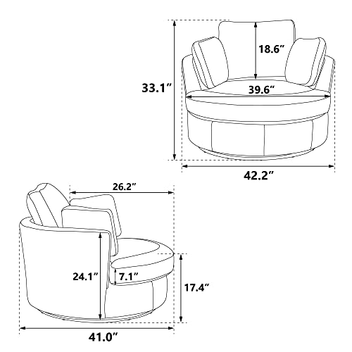 Beige Oversized Round Chenille Swivel Accent Barrel Chair with 3 Pillows W925