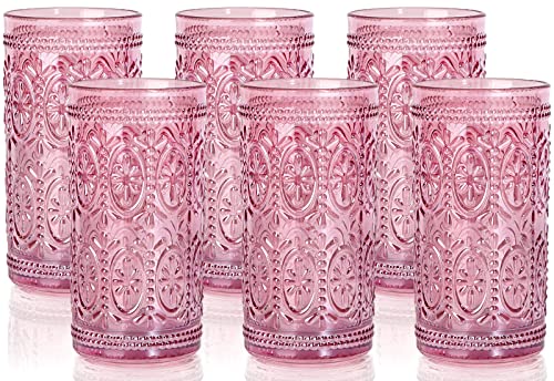 6 Pack Pink 12oz Highball Embossed Beverage Glass Cup L53404