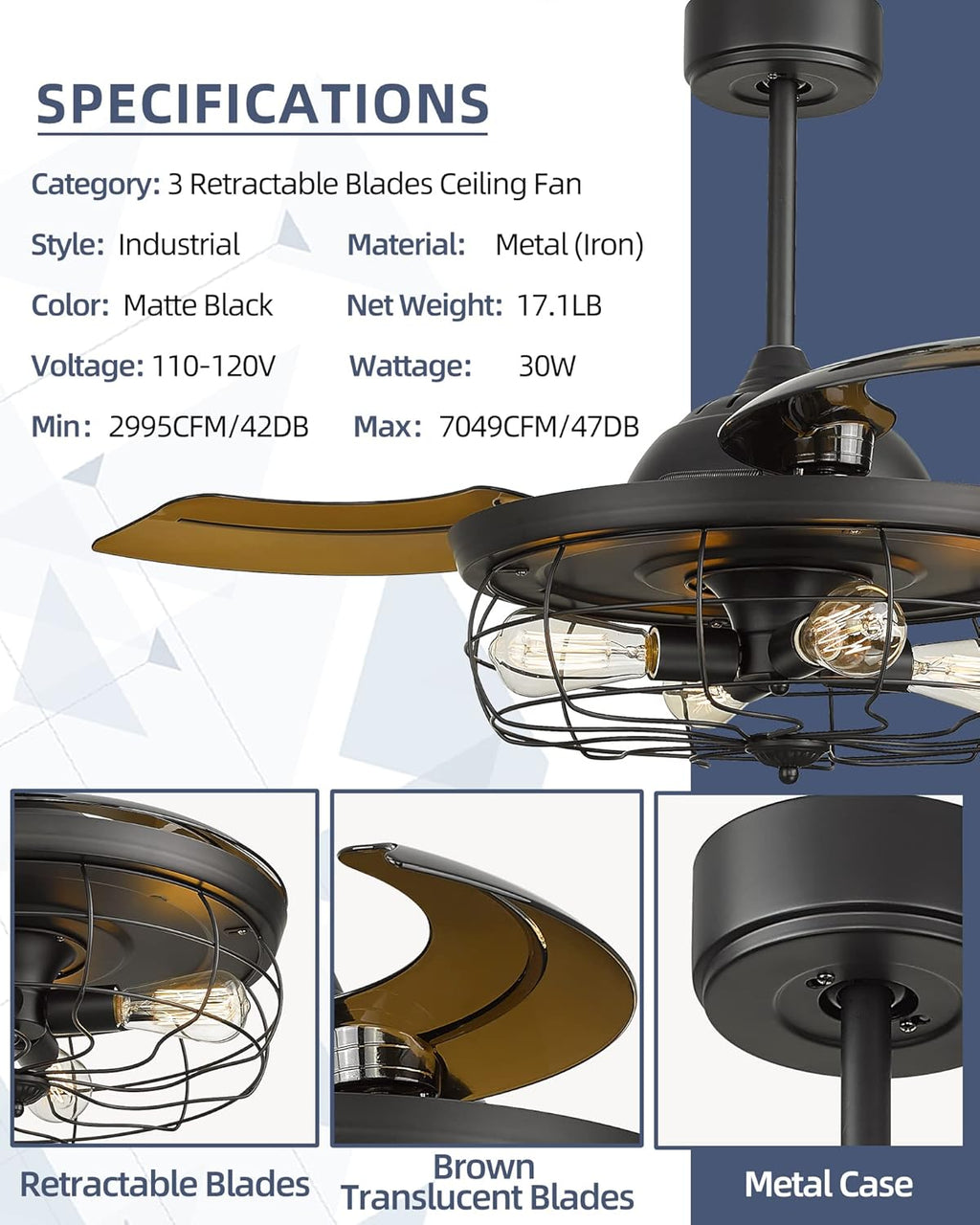 Retractable Ceiling Fan with Light and 3 Reversible Blades W256