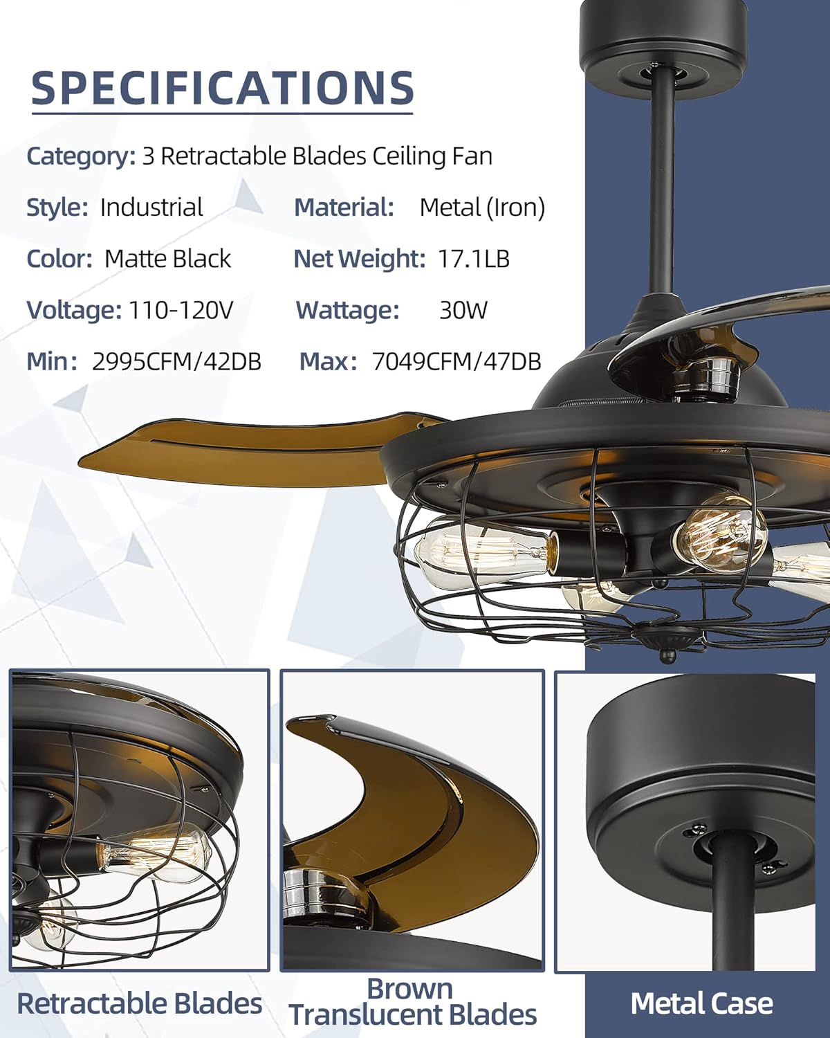 Retractable Ceiling Fan with Light and 3 Reversible Blades W256