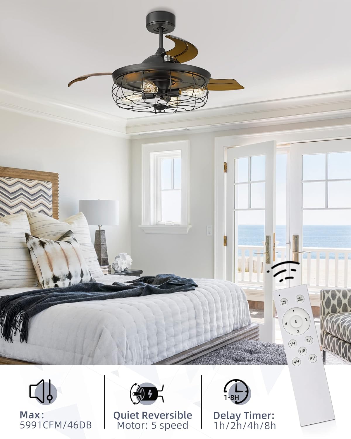 Retractable Ceiling Fan with Light and 3 Reversible Blades W256