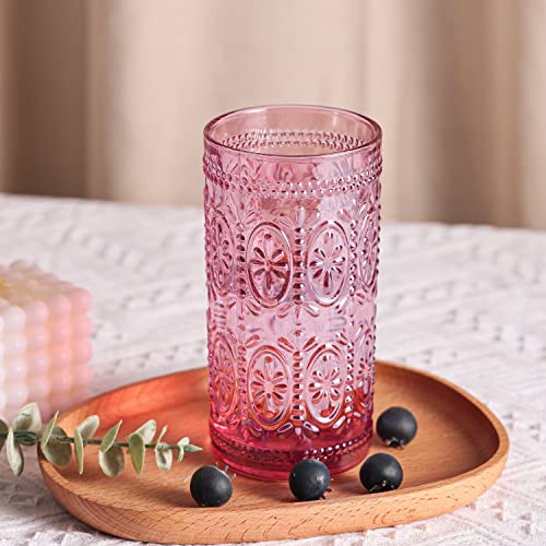 6 Pack Pink 12oz Highball Embossed Beverage Glass Cup L53404