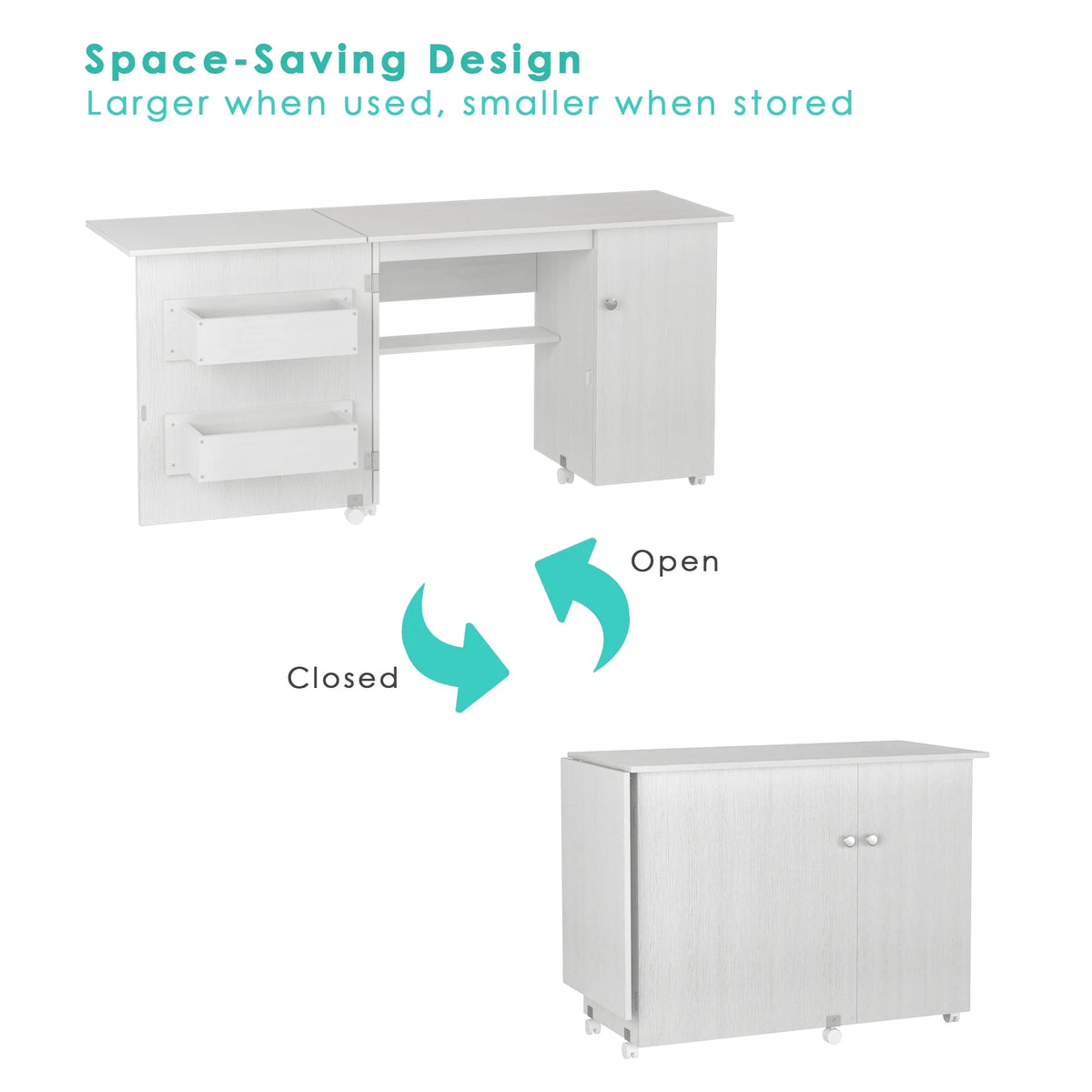 White 63 Inch Folding Sewing Machine Table with Storage Shelves I8977