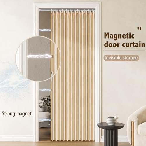 Magnetic Pleated Folding Door Curtain (Brown, 42" W x 78" L) with Rod A5700