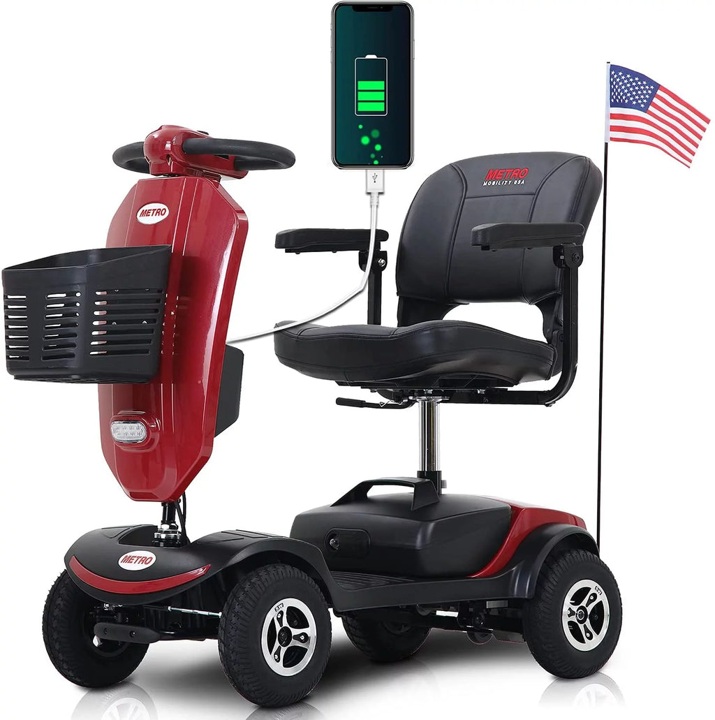Folding 4 Wheels Mobility Scooter with USB Charging Port, Windshield, LED Light - Red P289