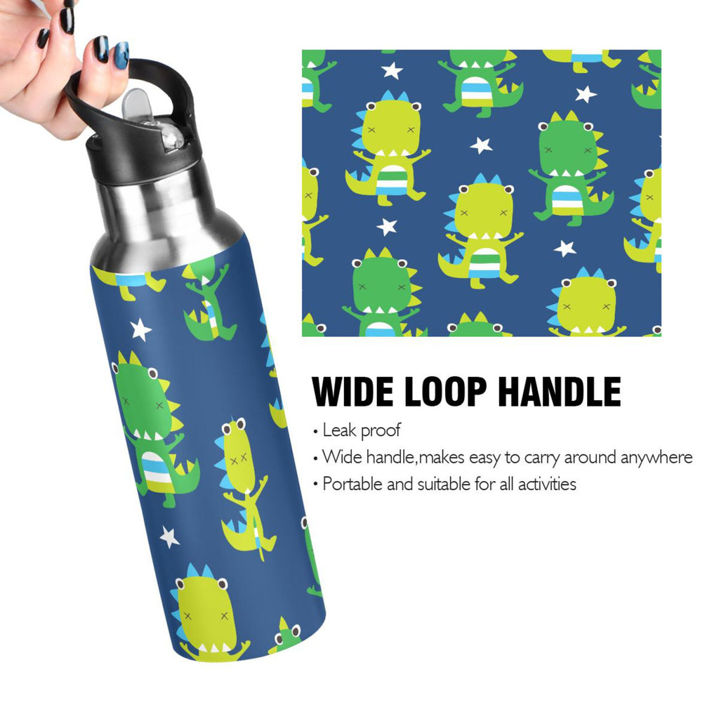 Green Dinosaur Blue Stainless Steel Insulated Water Bottle with Straw Lid V591