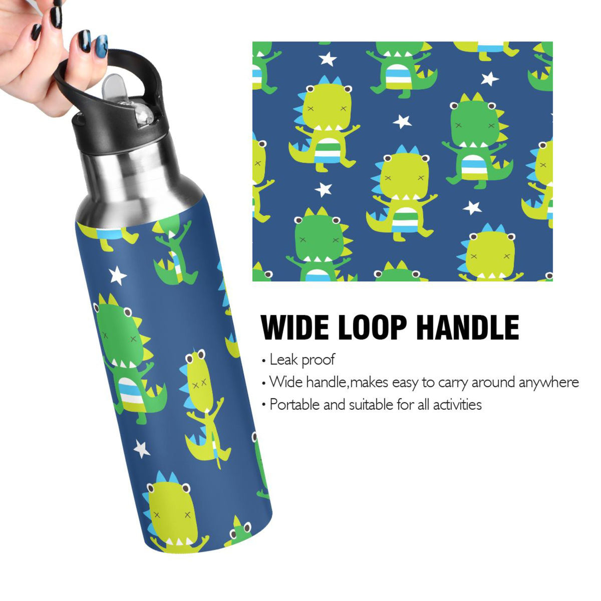 Green Dinosaur Blue Stainless Steel Insulated Water Bottle with Straw Lid V591