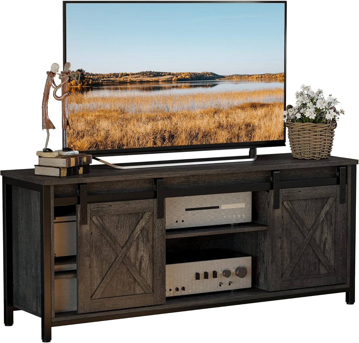 Vintage Brown TV Stand with Sliding Barn Doors and Adjustable Storage Shelves J1049