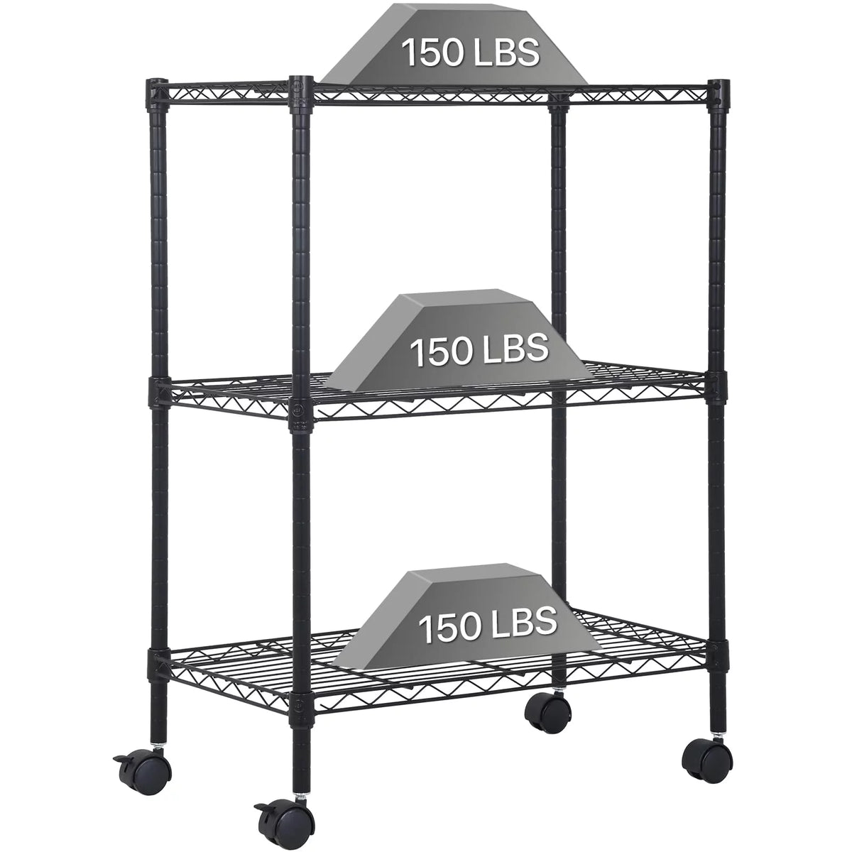 3-Tier Black Adjustable Wire Shelving Unit with Wheels H20340