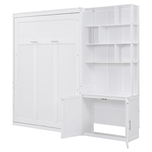 White Full Size Wood Murphy Bed with Storage Shelves and Cabinet Z180514