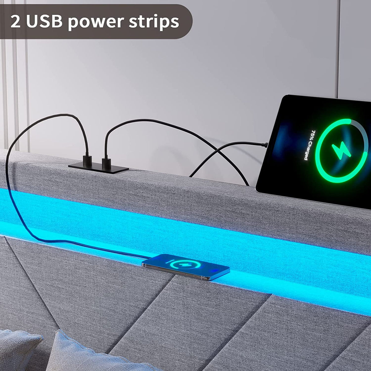 Queen Bed Frame with LED Lights Headboard, 4 Drawers, 2 USB Charging Station, Upholstered Platform Bed, Dark Gray O7775