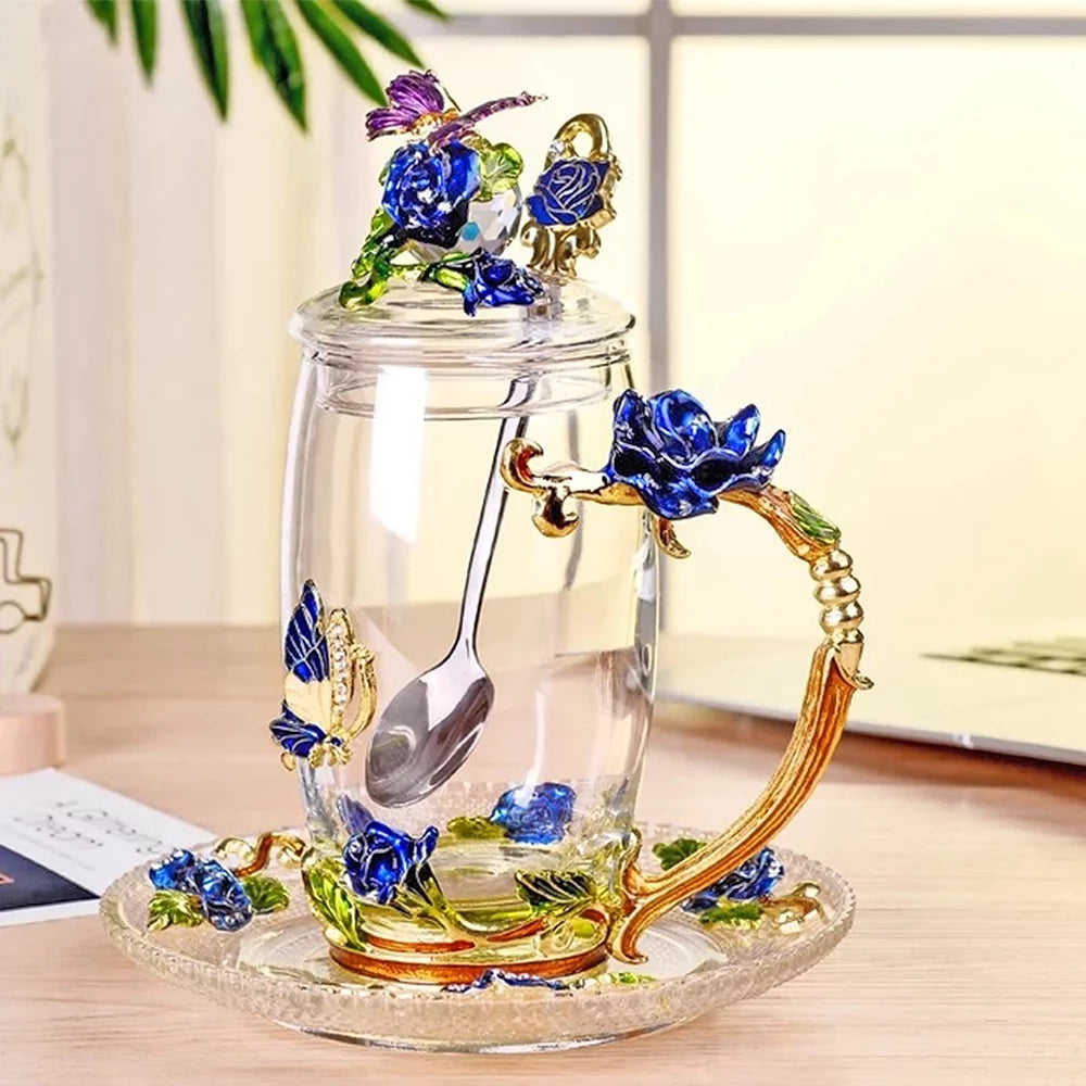 Blue Glass Tea Cup with Lid Coaster Spoon 18oz B50506