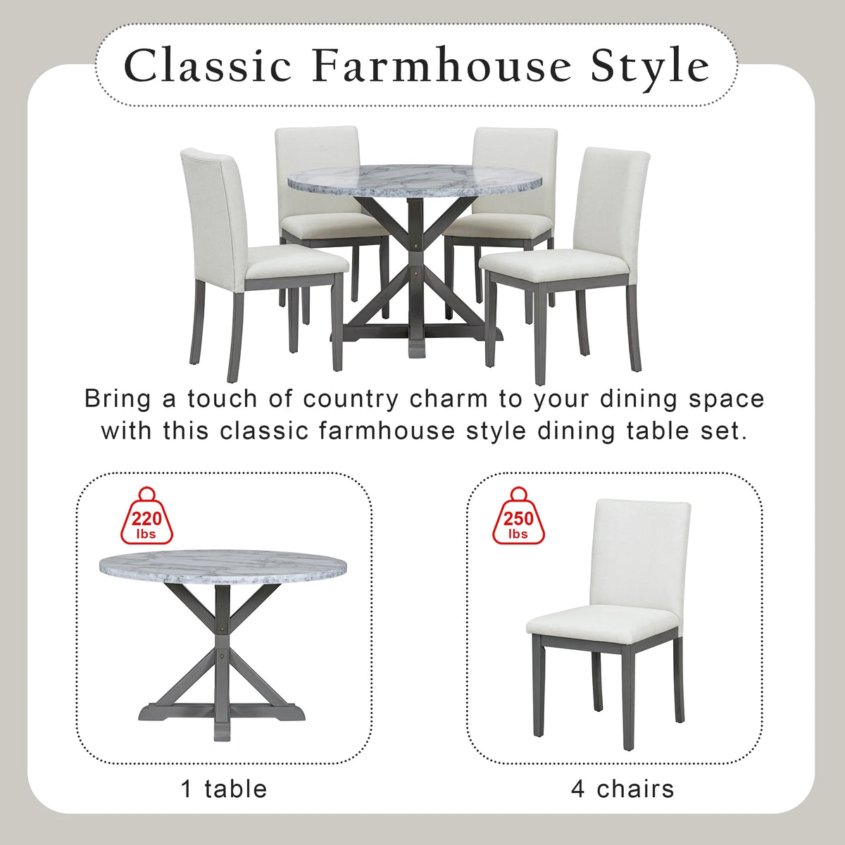5 Piece Round Dining Table Set with Cushioned Chairs N659236