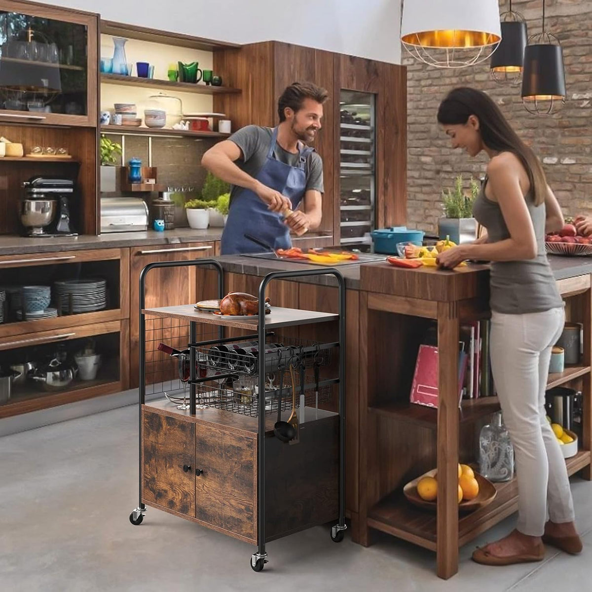 Rustic Brown Rolling Kitchen Cart with Cabinets and Open Shelf X537137