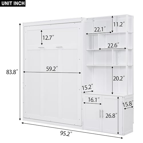 White Full Size Wood Murphy Bed with Storage Shelves and Cabinet Z180514